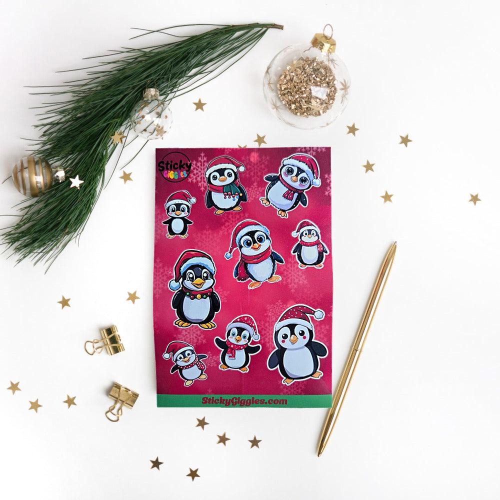 Festive Christmas Penguins Sticker Sheet 9 Stickers (ONLINE ORDER ONLY)