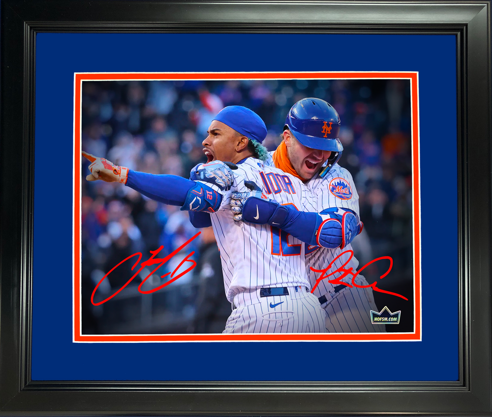 Framed Pete Alonso Francisco Lindor New York Mets Dual Facsimile Laser Engraved Signature Auto 11"x14" Baseball Photo HOFSM Holo (ONLINE ORDER ONLY)