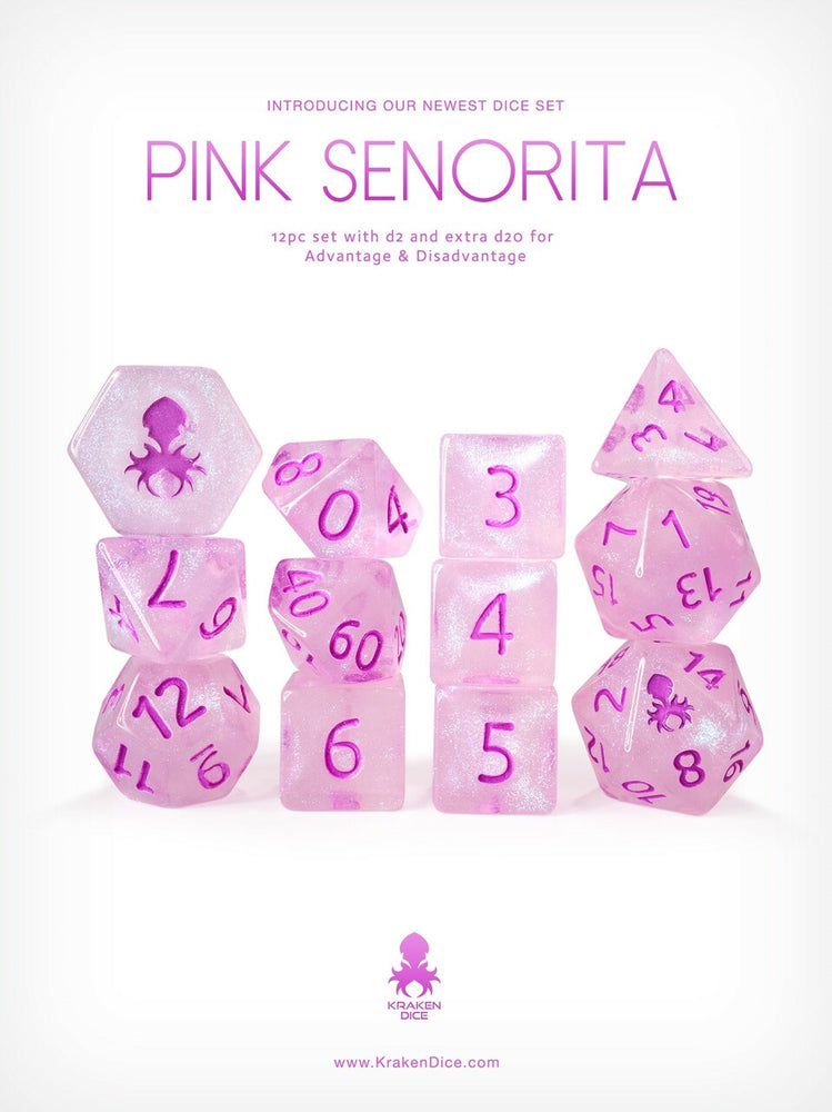Pink Senorita 12 pc Glitter RPG Dice Set (ONLINE ORDER ONLY)