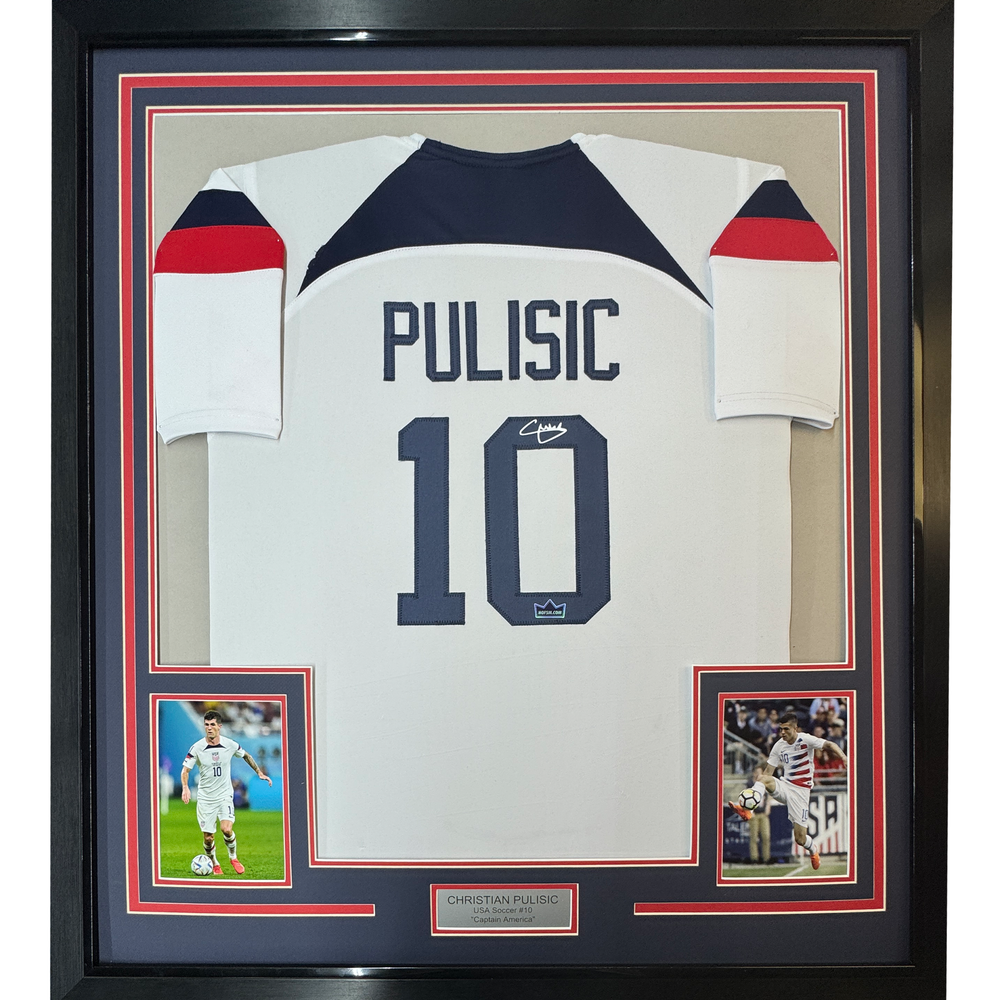 Framed Facsimile Autographed Christian Pulisic 35x39 United States USA White World Cup Reprint Laser Auto Soccer Jersey (ONLINE ORDER ONLY)