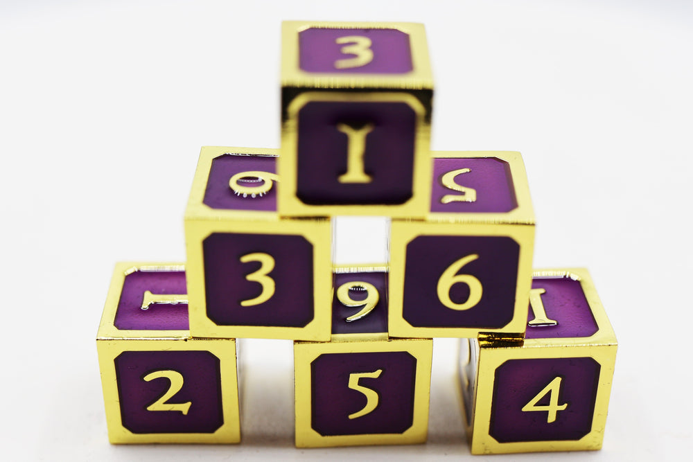 6 piece Metal D6's - Purple and Gold (ONLINE ORDER ONLY)