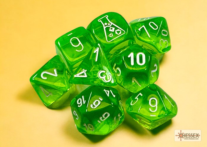 Translucent Polyhedral Rad Green/white 7-Die Set (with bonus die) (Online Only)
