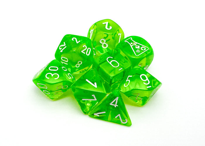 Translucent Polyhedral Rad Green/white 7-Die Set (with bonus die) (Online Only)