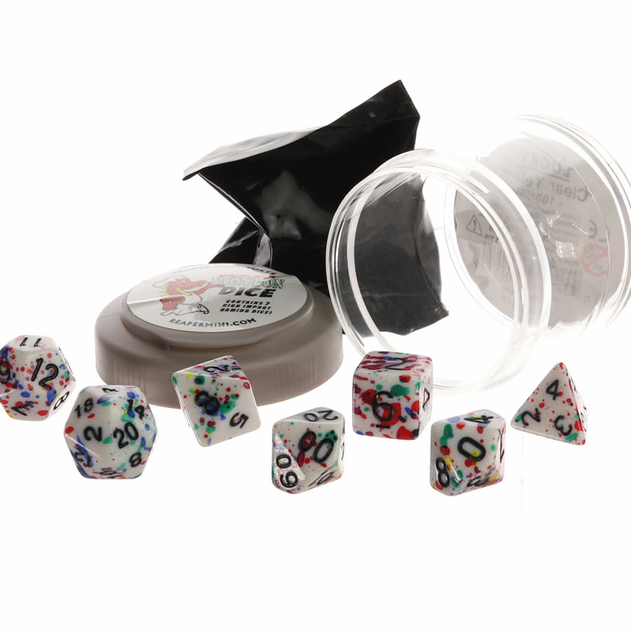 RPR19072 Rainbow Paint Lucky Dice Set 16mm (5/8 inch) Dungeon Dice with Random Miniature Included Reaper Miniatures (ONLINE ORDER ONLY)