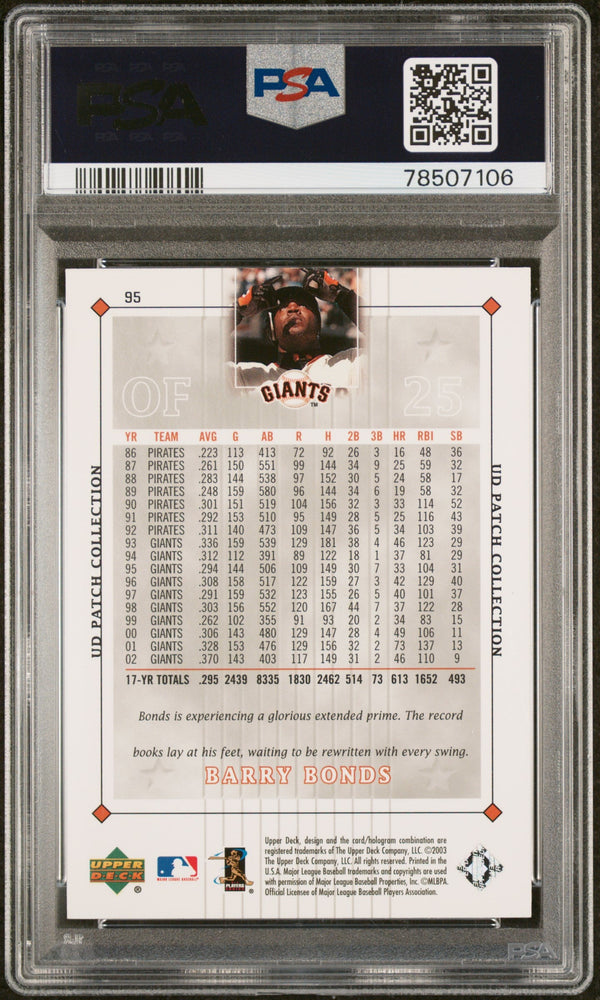 2003 UPPER DECK PATCH COLLECTION BARRY BONDS  #95 - PSA 10 (Online Order Only)