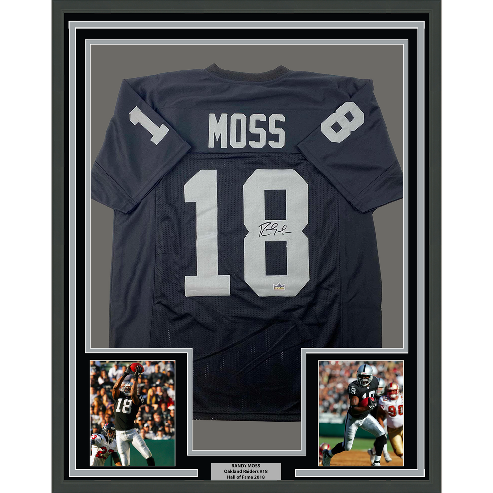 Framed Facsimile Autographed Randy Moss 35x39 Oakland Las Vegas Black Reprint Laser Auto Football Jersey (ONLINE ORDER ONLY)
