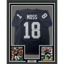 Framed Facsimile Autographed Randy Moss 35x39 Oakland Las Vegas Black Reprint Laser Auto Football Jersey (ONLINE ORDER ONLY)