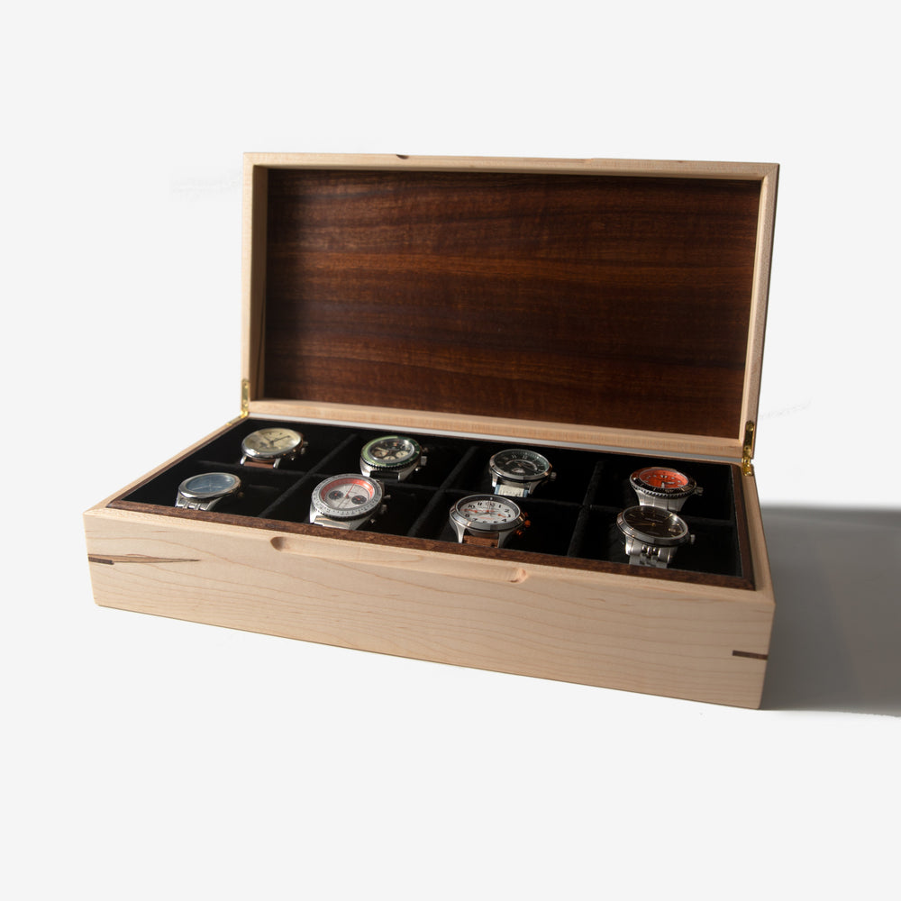 Watch Box - Curly Maple and Sapele Mahogany - 8 Watch Compartments (ONLINE ORDER ONLY)