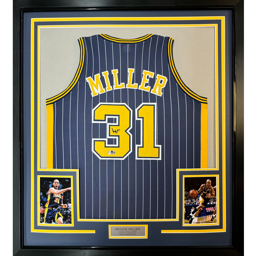 Framed Facsimile Autographed Reggie Miller 35x39 Indiana Blue Pinstripe Reprint Laser Auto Basketball Jersey (ONLINE ORDER ONLY)