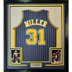 Framed Facsimile Autographed Reggie Miller 35x39 Indiana Blue Pinstripe Reprint Laser Auto Basketball Jersey (ONLINE ORDER ONLY)