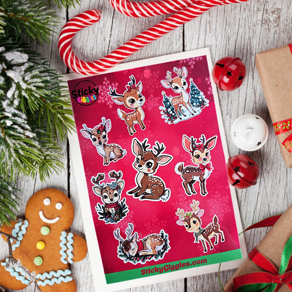 Cute Christmas Reindeer Sticker Sheet 8 Stickers (ONLINE ORDER ONLY)