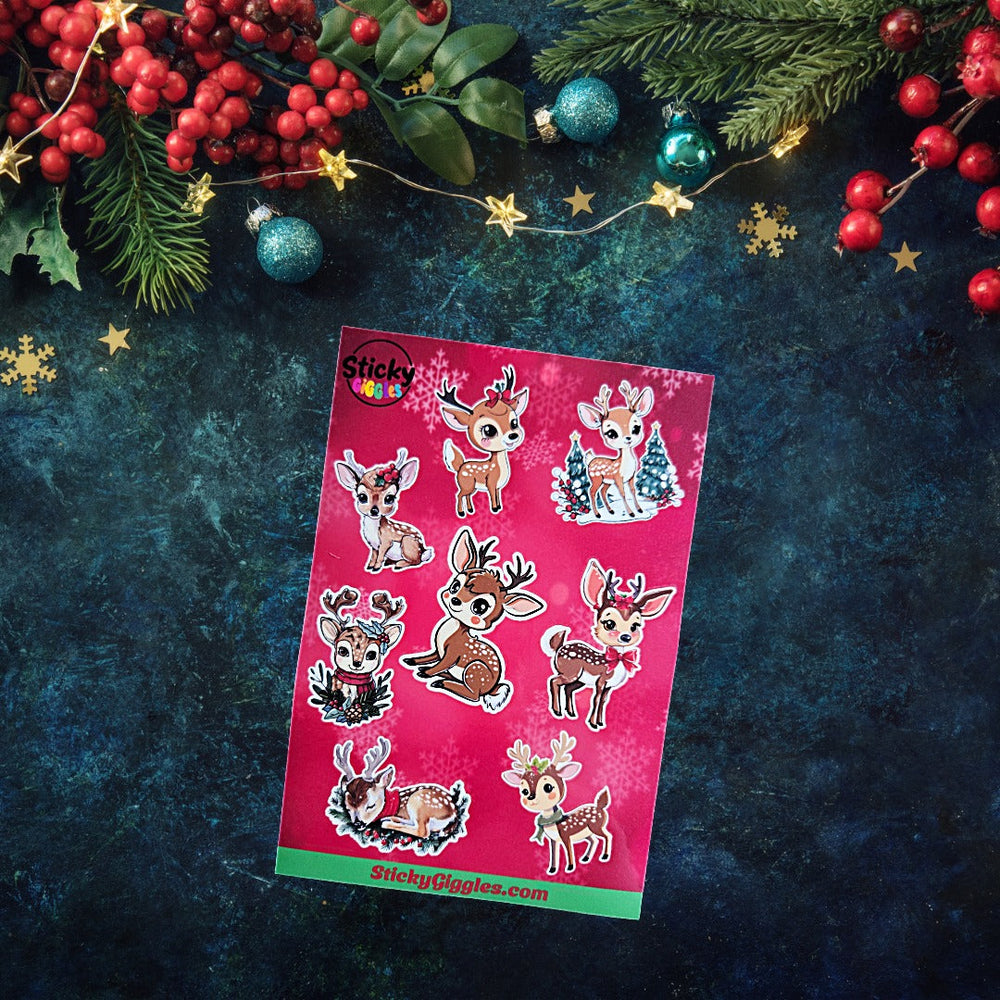 Cute Christmas Reindeer Sticker Sheet 8 Stickers (ONLINE ORDER ONLY)