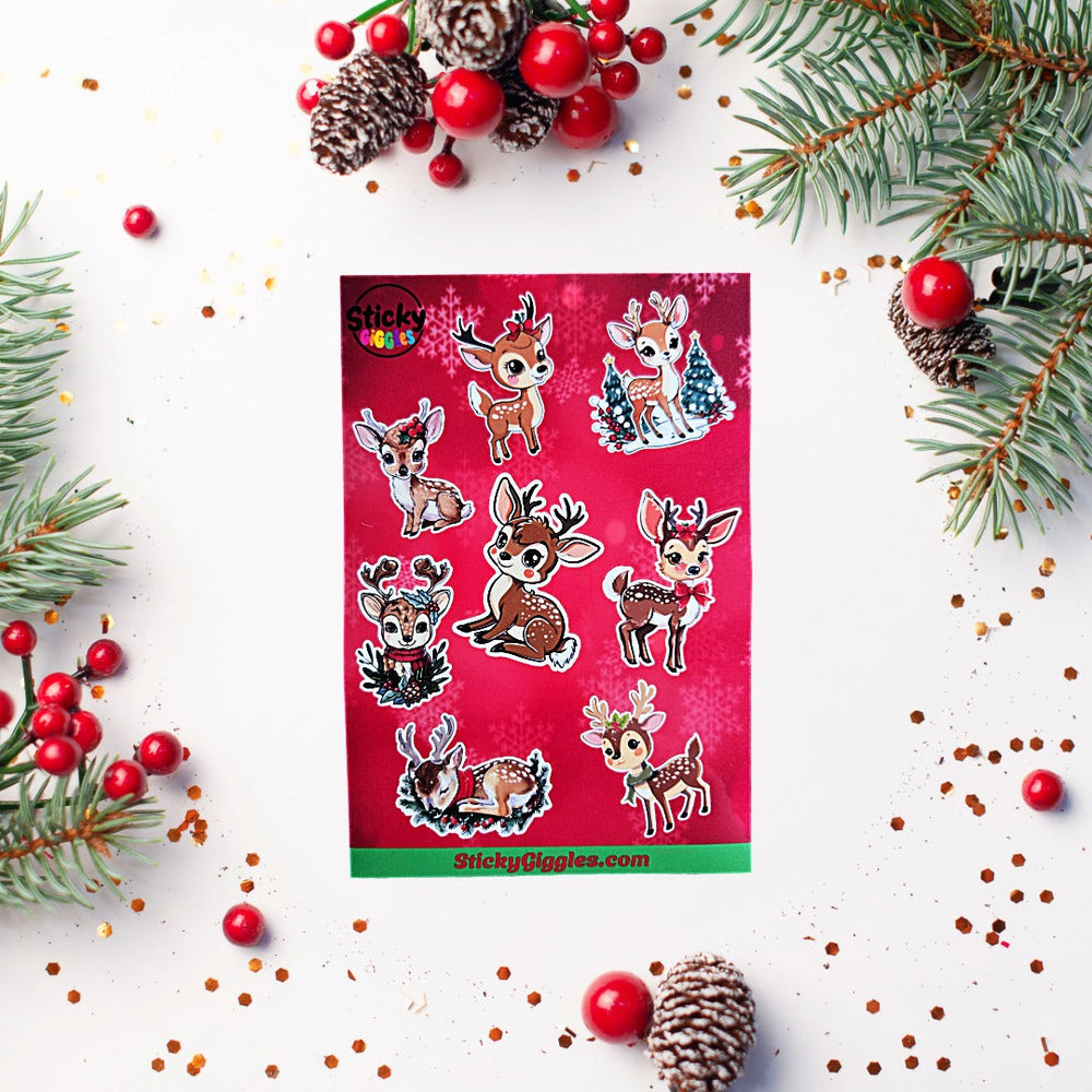 Cute Christmas Reindeer Sticker Sheet 8 Stickers (ONLINE ORDER ONLY)