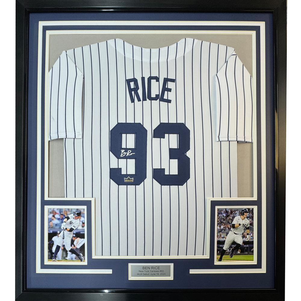 Framed Facsimile Autographed Ben Rice 35x39 New York Pinstripe Reprint Laser Auto Baseball Jersey (ONLINE ORDER ONLY)