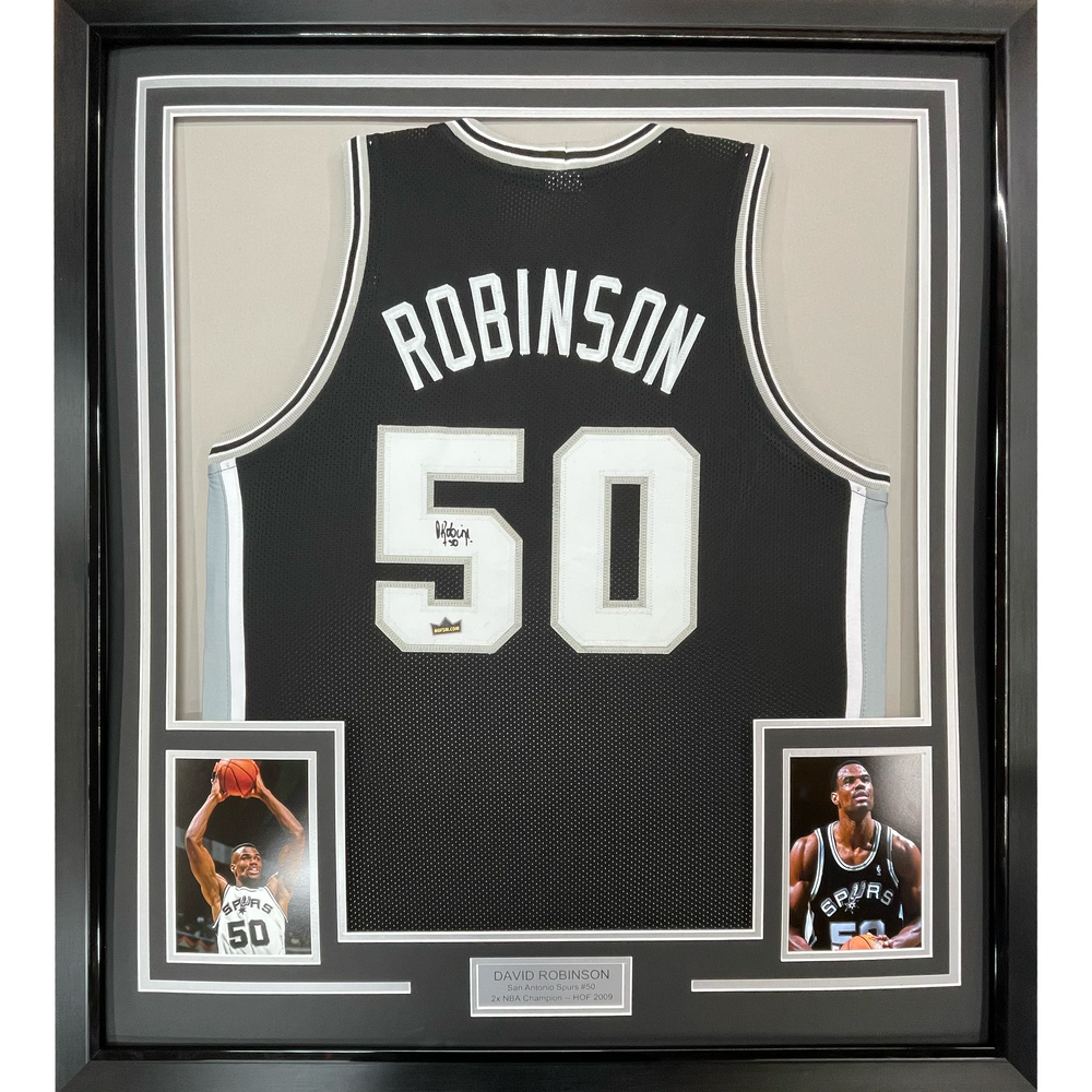 Framed Facsimile Autographed David Robinson 35x39 San Antonio Black Reprint Laser Auto Basketball Jersey (ONLINE ORDER ONLY)
