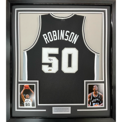 Framed Facsimile Autographed David Robinson 35x39 San Antonio Black Reprint Laser Auto Basketball Jersey (ONLINE ORDER ONLY)