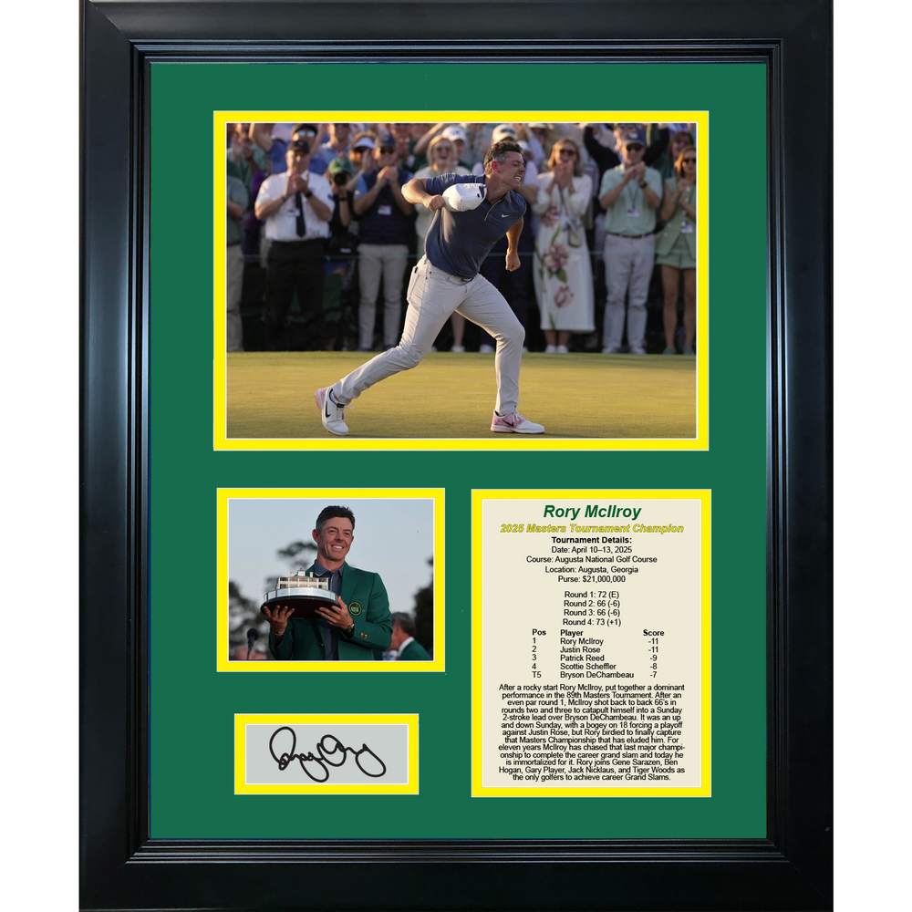 Framed Rory McIlroy 2025 Masters Tournament Champion Augusta National PGA Tour Facsimile Laser Engraved Signature Auto 11"x14" Golf Photo Sig Collage (ONLINE ORDER ONLY)
