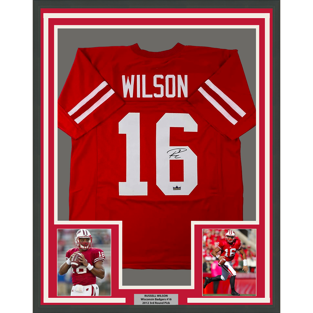 Framed Facsimile Autographed Russell Wilson 35x39 Wisconsin Red Reprint Laser Auto College Football Jersey (ONLINE ORDER ONLY)