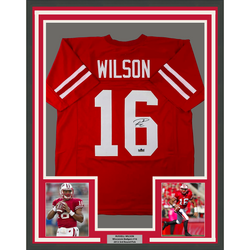 Framed Facsimile Autographed Russell Wilson 35x39 Wisconsin Red Reprint Laser Auto College Football Jersey (ONLINE ORDER ONLY)