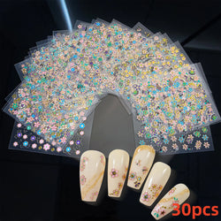 30Sheet 3D Glitter Christmas Nail Art Stickers Santa Claus Snowflake Elk Christmas Tree Design Nail Decals Cartoon Nail Supplies (Online Order Only)