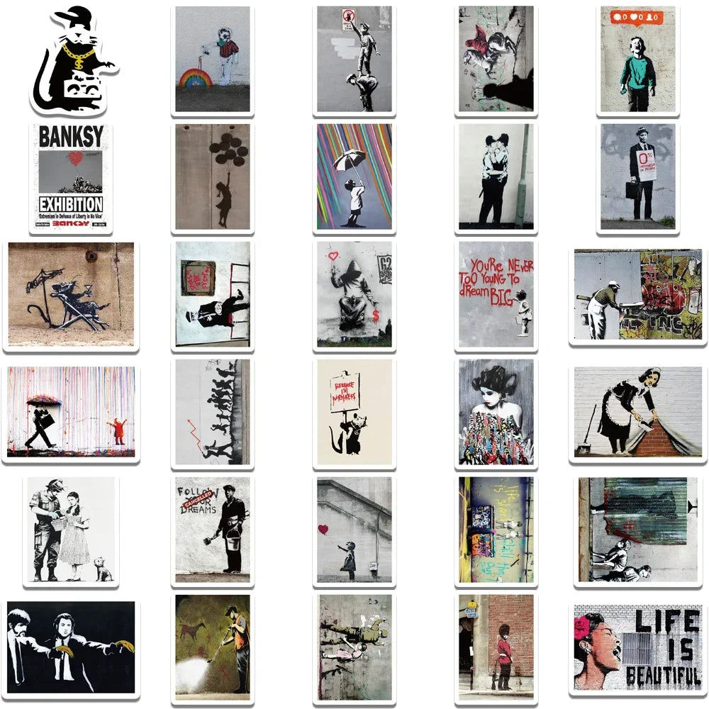 67PCS Banksy Sculptures Flower Thrower Stickers Cool Street Art Graffiti Decals for Luggage Laptop Skateboard Phone Bicycle (Online Order Only)