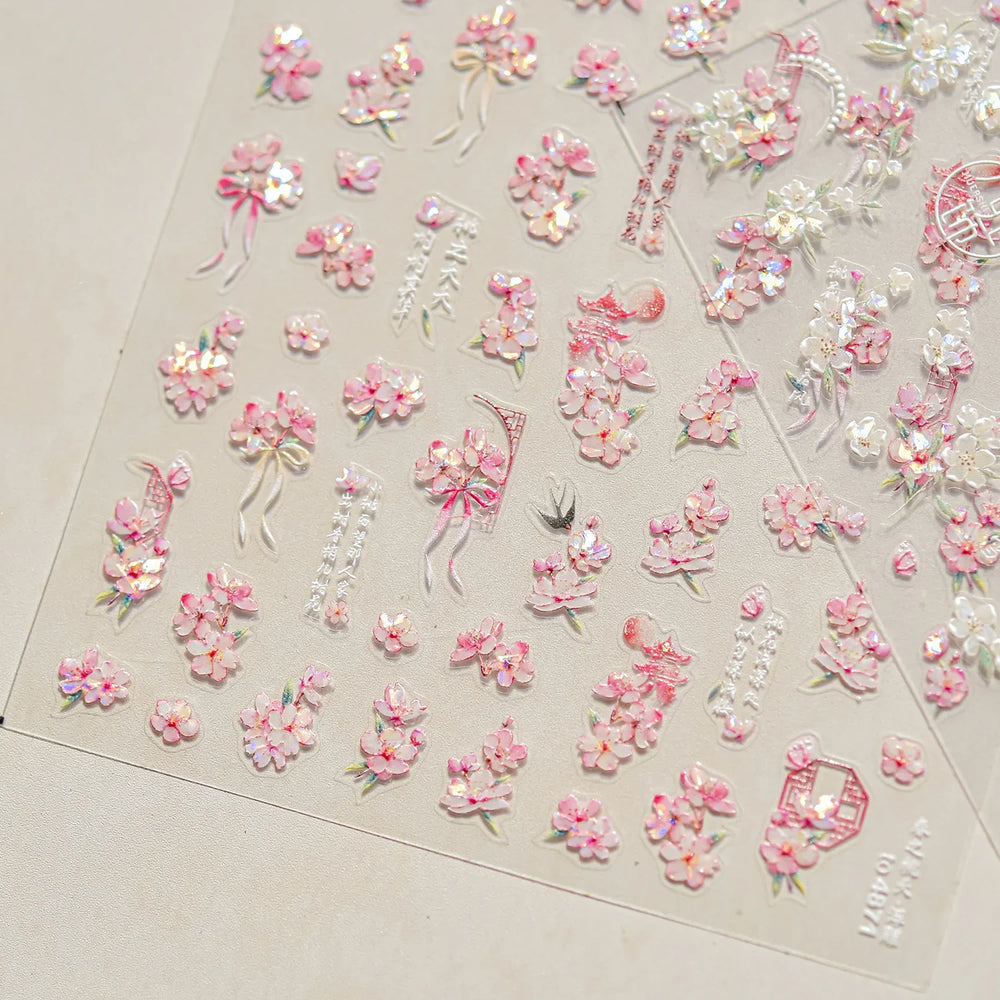 Pink Peach Blossom Flower White Pear Romantic Archaistic Swallow Window Adhesive Nail Art Stickers Rhinestone Manicure Decals (ONLINE ORDER ONLY)