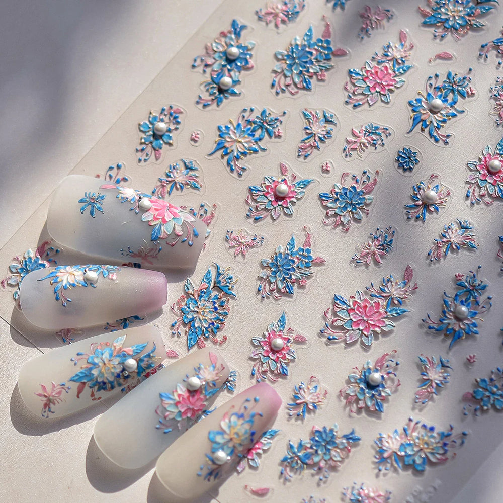Delicate Shiny Pink Flower Blue Hairpin with Flower Decoration Self Adhesive Nail Art Stickers Pearl Rhinestone Manicure Decals (Online Order Only)