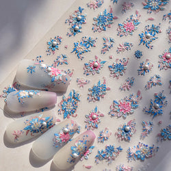 Delicate Shiny Pink Flower Blue Hairpin with Flower Decoration Self Adhesive Nail Art Stickers Pearl Rhinestone Manicure Decals (Online Order Only)