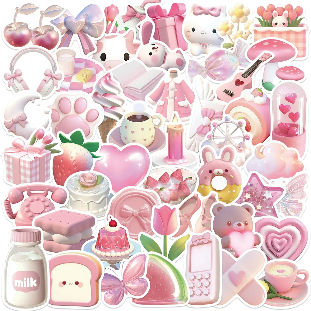 50PCS Kawaii Pink Love PVC Sticker Aesthetic Korean Stationery Decoration Scrapbooking School Supplies for Kids (ONLINE ORDER ONLY)