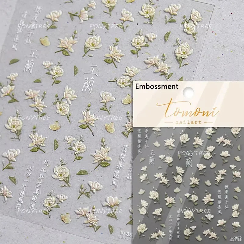 Orchid Daisy Chrysanthemum Peach Blossom Lotus Flower Vase Floral Art Fan Wintersweet Adhesive Nail Art Stickers Manicure Decals (Online Order Only)