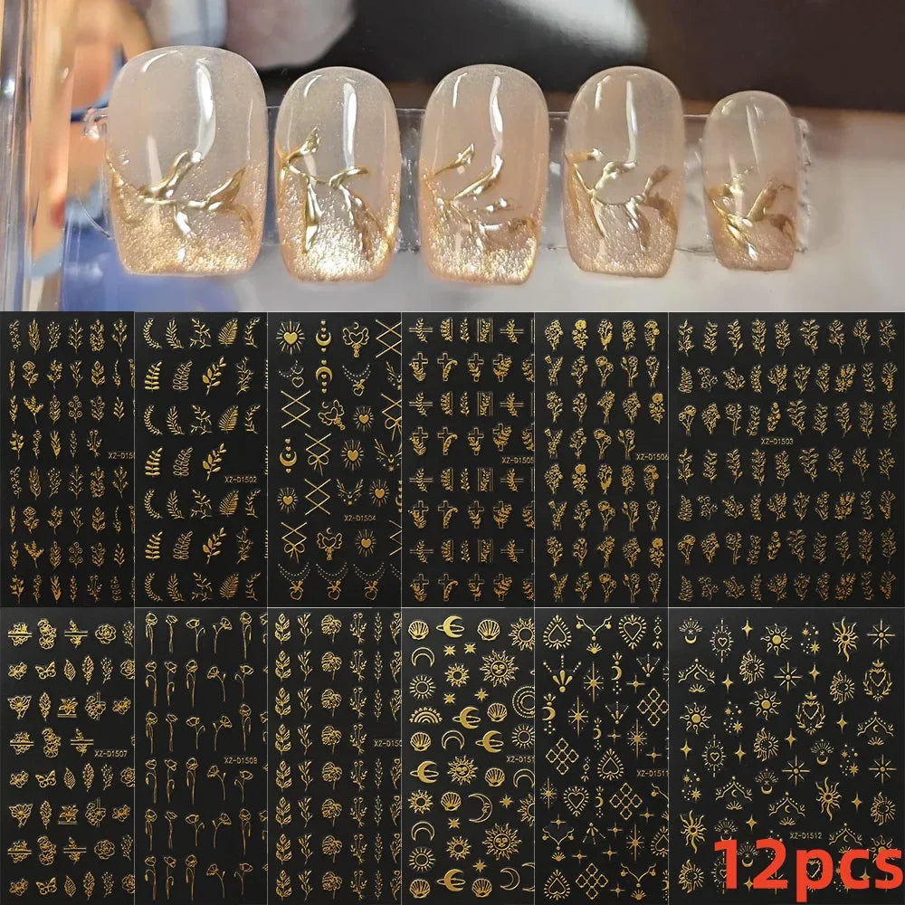 12PCS White Flowers Leaves 3D Nail Stickers Star/Moon/Sun Nail Art Decoration Decals Geometric Flower Stickers Nail Art Supplies (ONLINE ORDER ONLY)