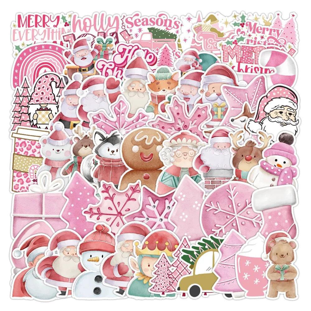 10/50Pcs New Year Merry Pink Christmas Stickers Deer Santa Claus Snowman Children Gift Decal DIY for Skateboard Luggage Suitcase (Online Order Only)
