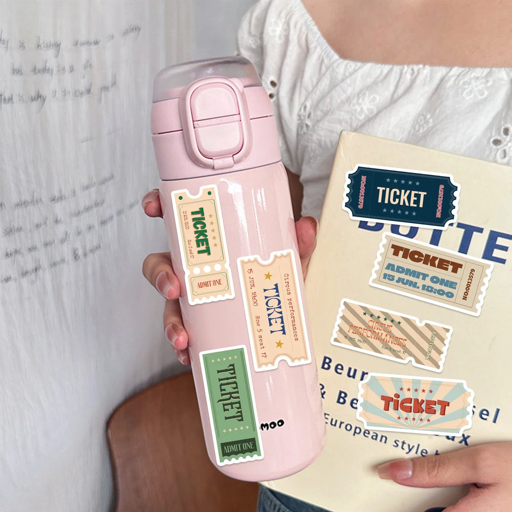 50pcs Vintage Ticket Stubs Stickers Seals for Water Bottles Laptops Skateboards Waterproof Durable Sticker for Teens and Adults (ONLINE ORDER ONLY)