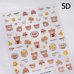 Cute Bear Teddy Birthday Party Maillard Bear Cake Flower Bouquet Lucky Love Heart 5D Adhesive Nail Art Sticker Manicure Decals (Online Order Only)