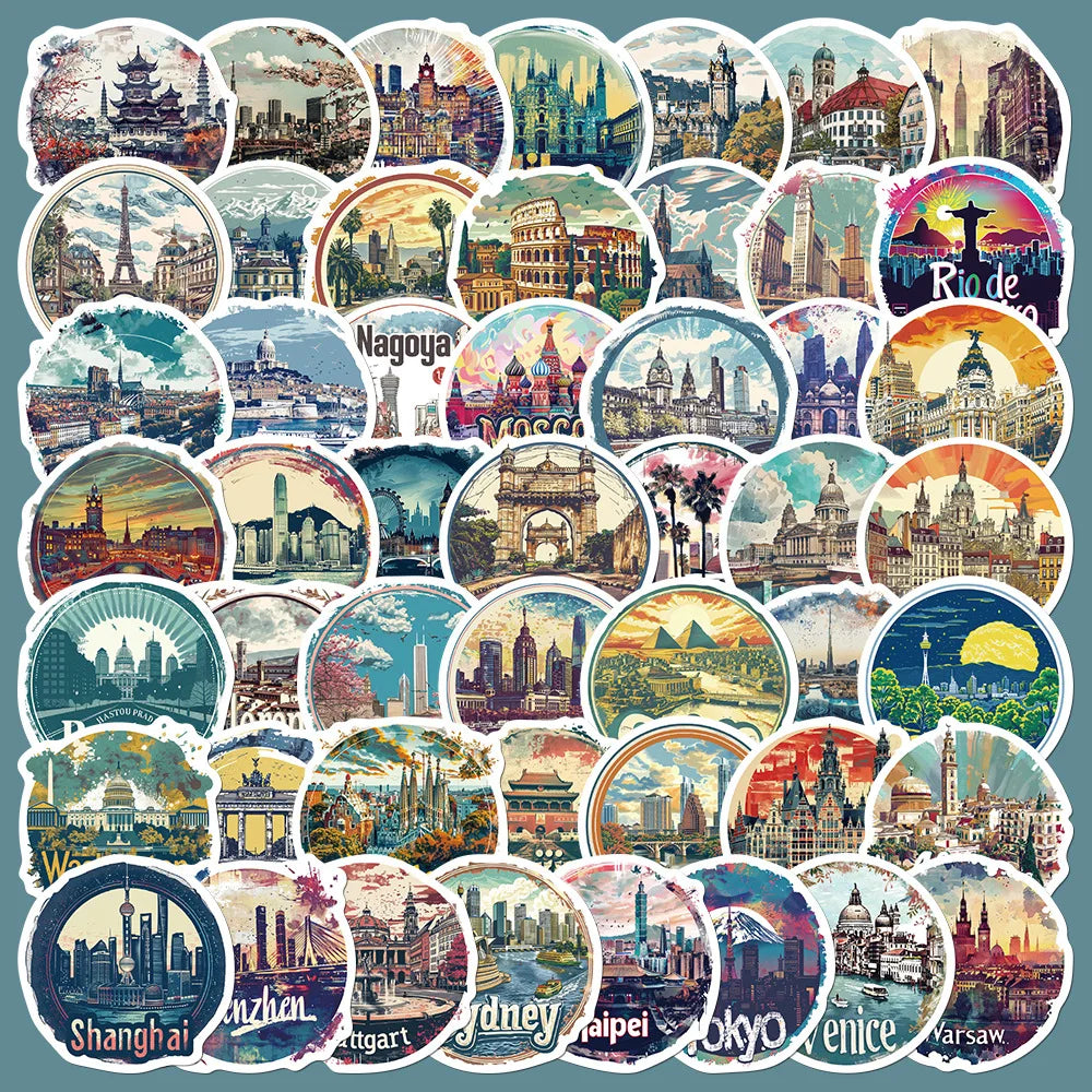 50pcs Cartoon City Travel Graffiti Stickers for Helmet, Wall, DIY Decor (ONLINE ORDER ONLY)