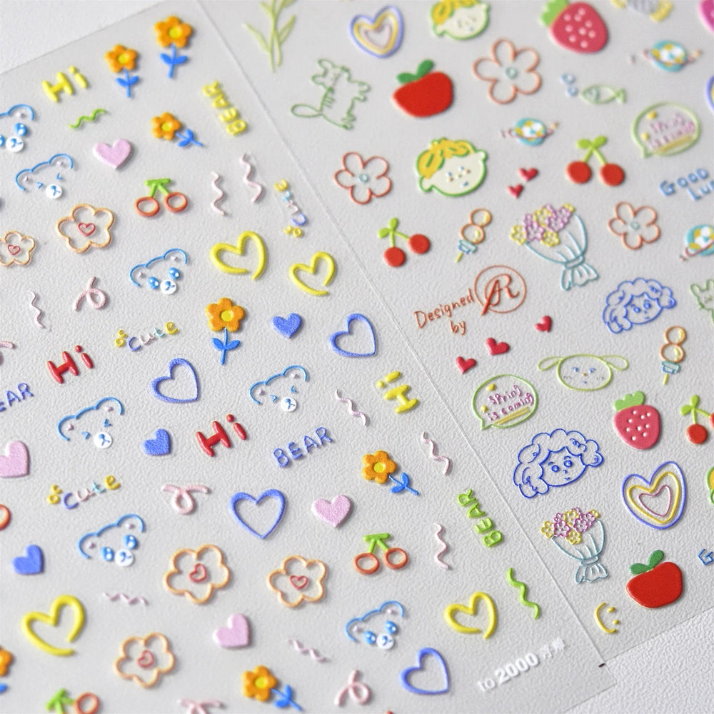 Cute Graffiti Cartoon Line Cherry Bear Cat Flower Bouquet Fish Boys Girls Strawberry Reliefs Nail Art Stickers Manicure Decals (ONLINE ORDER ONLY)