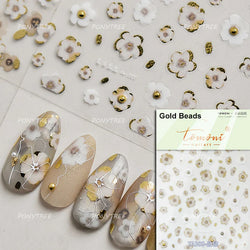 Gold Hot Stamping Flowers Leaves 3D 5D Pearl Bead Delicate Self Adhesive Nail Art Decorations Stickers Manicure Decals Wholesale (Online Order Only)