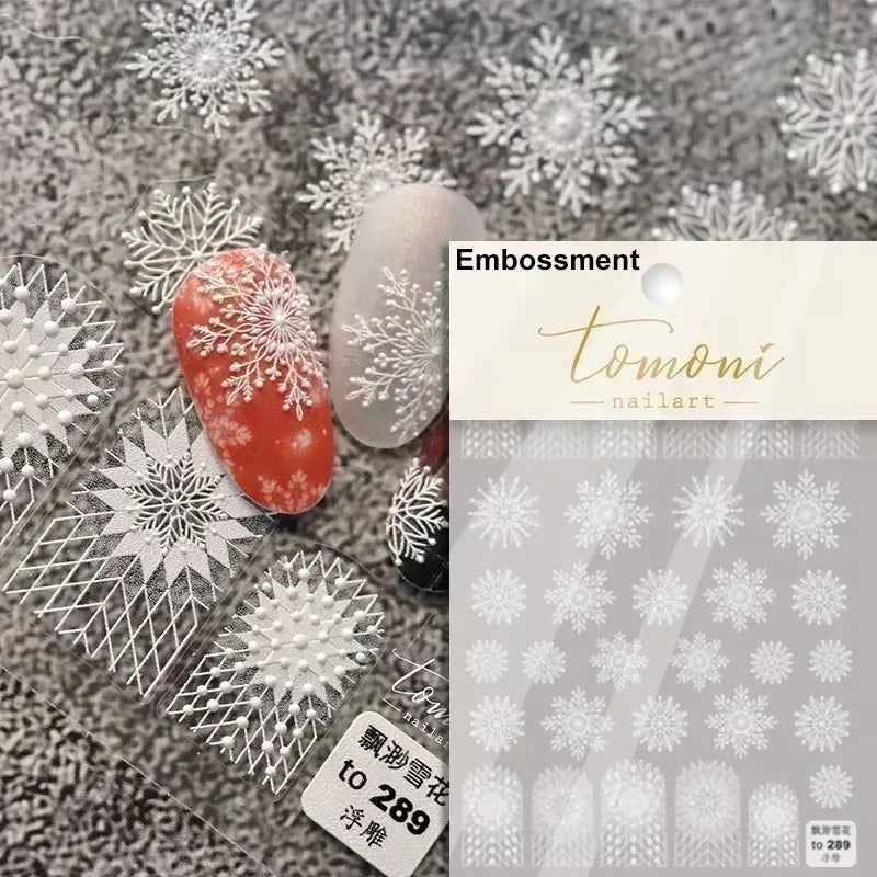 Hot Stamping Romantic White Gold Snowflakes Hexagon Winter 3D Self Adhesive Nail Art Stickers Shiny Rhinestone Manicure Decals (Online Order Only)