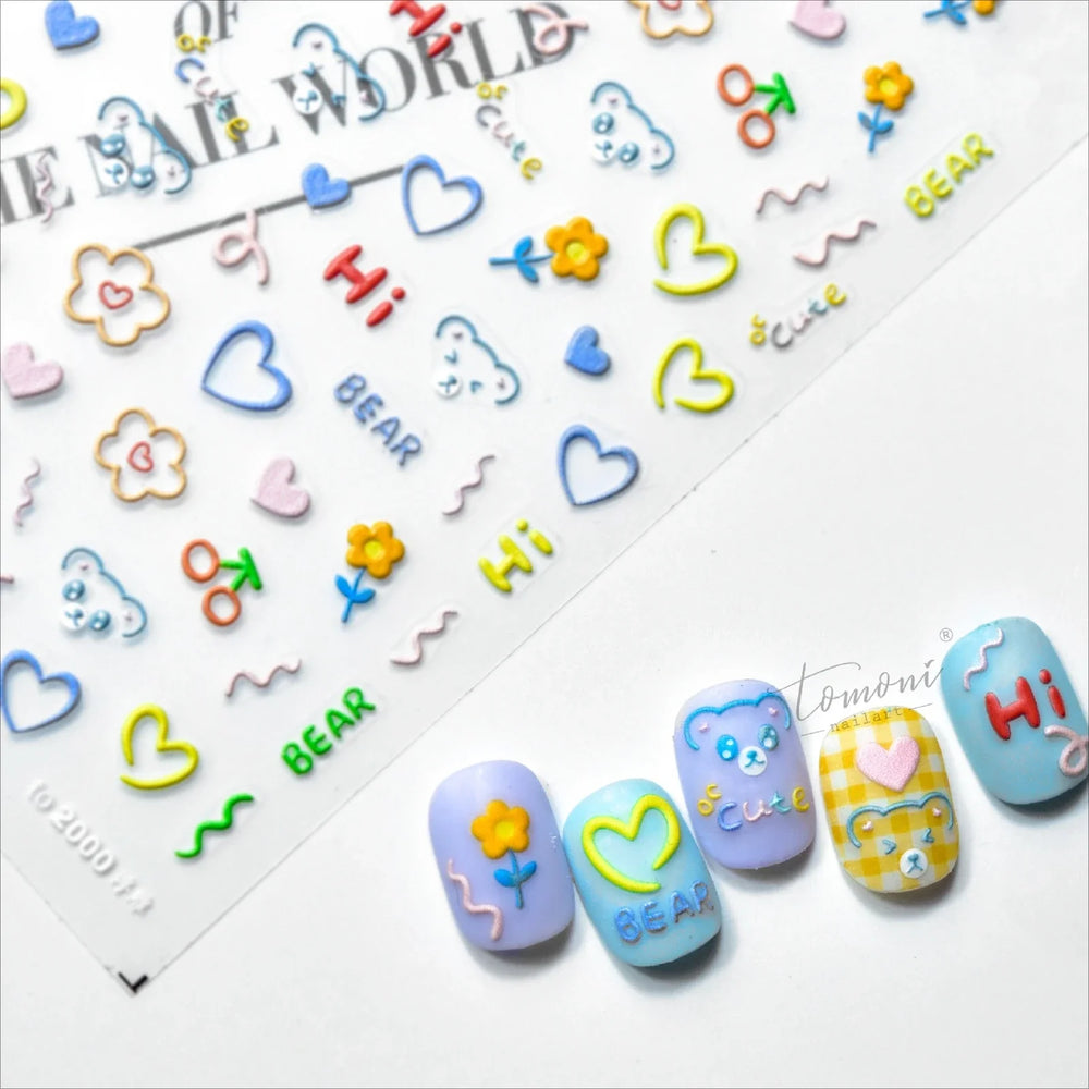 Cute Graffiti Cartoon Line Cherry Bear Cat Flower Bouquet Fish Boys Girls Strawberry Reliefs Nail Art Stickers Manicure Decals (ONLINE ORDER ONLY)
