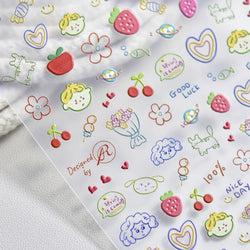 Cute Graffiti Cartoon Line Cherry Bear Cat Flower Bouquet Fish Boys Girls Strawberry Reliefs Nail Art Stickers Manicure Decals (ONLINE ORDER ONLY)