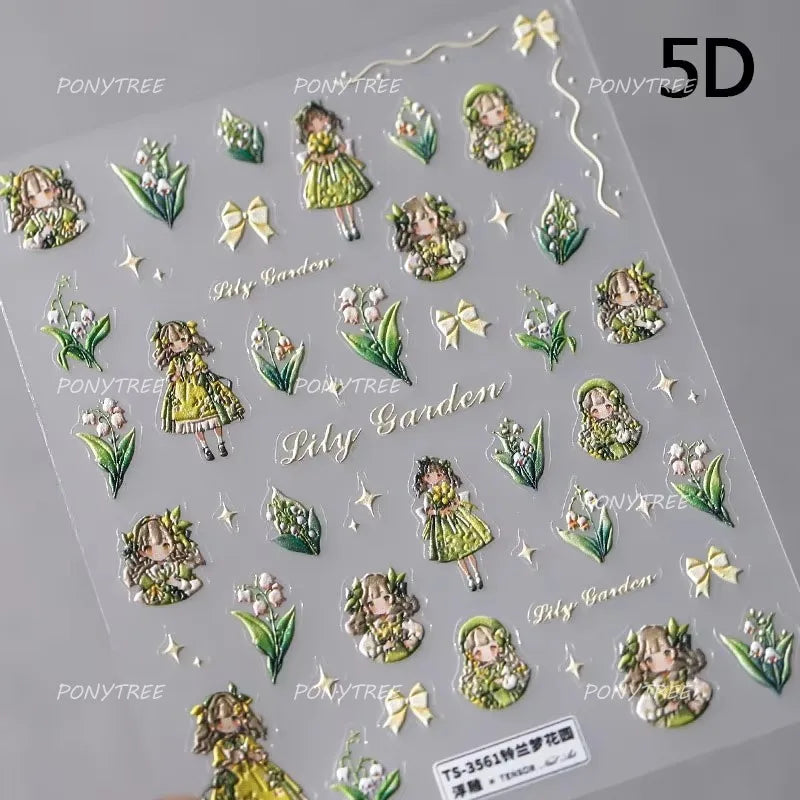Spring Pink Lily of The Valley Flowers Blooming Blue Bowknot Heart 5D Soft Relief Self Adhesive Nail Art Sticker Manicure Decals (Online Order Only)