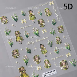 Spring Pink Lily of The Valley Flowers Blooming Blue Bowknot Heart 5D Soft Relief Self Adhesive Nail Art Sticker Manicure Decals (Online Order Only)