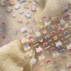 Cream Wind Cat Rabbit Kitten Bunny Bowknot Flower Butterfly Cake Cherry Tulip 5D Self Adhesive Nail Art Stickers Manicure Decals (Online Order Only)