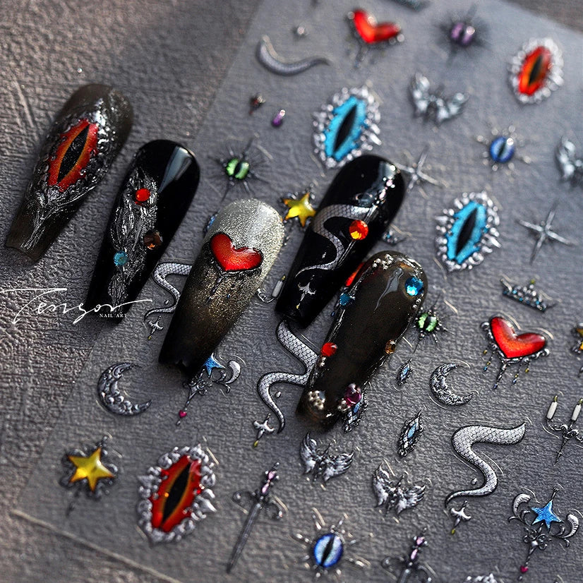 Glitter Star Snake Moon Darkness Eye Love Heart Crown Sword Self Adhesive Nail Art Stickers Punk Jelly Angel Wing Manicure Decal (ONLINE ORDER ONLY)