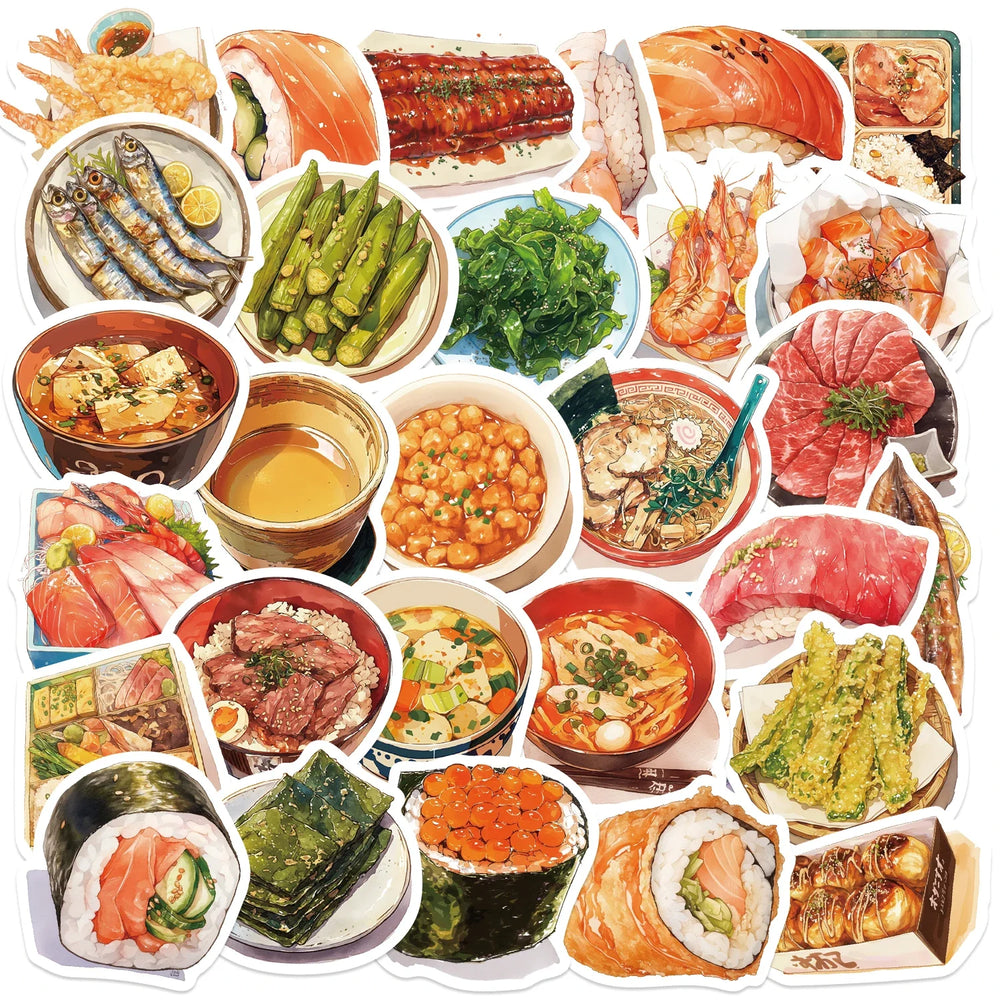 30Pcs Japanese Gourmet Food Stickers for Laptop Scrapbook Waterproof Cartoon Graffiti Decals Cute Sticker Toys Decor (ONLINE ORDER ONLY)