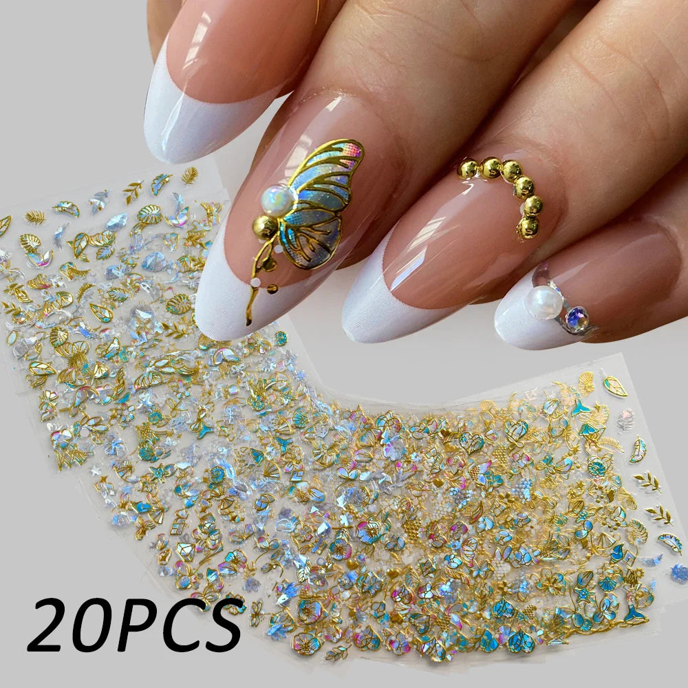 20Pcs Holographic Butterfly Nail Sticker Laser Gold & Sliver Butterfly Adhesive Decal 8.5x6cm 3D Glitter Foil DIY Manicure Decor (Online Order Only)