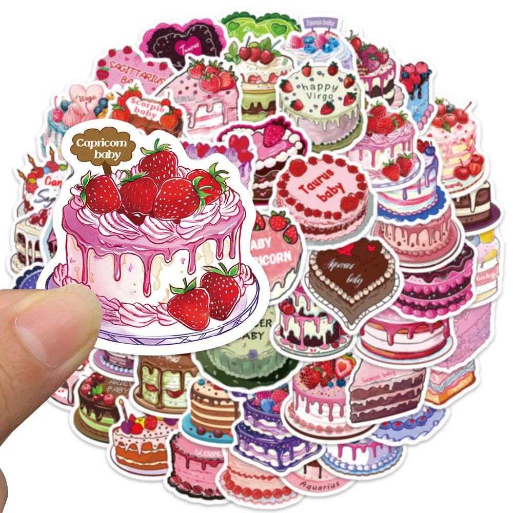 50pcs Cute Cartoon Constellation Cakes Stickers For Kids Adults Water Bottle Laptop Luggage Notebook Waterproof Vinyl Car Decals (Online Order Only)