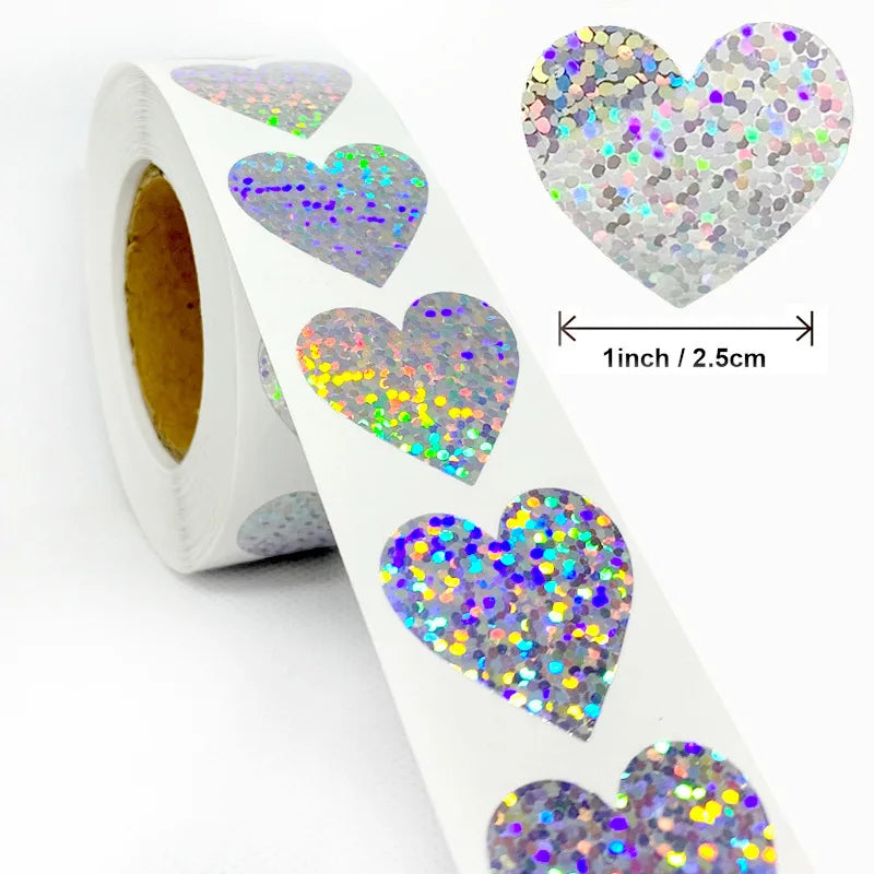 50-500pcs Rainbow Laser Heart Stickers For Envelope Sealing Labels Stationery Supplies Handmade Wedding Gift Decoration Sticker (ONLINE ORDER ONLY)