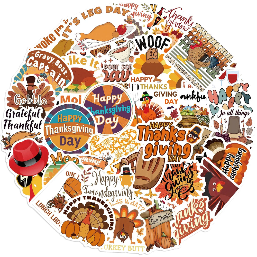 50pcs Cartoon Thanksgiving Day Sticker Funny Pumpkin Turkey Autumn Maple Leaf Graffiti Decals DIY Laptop Luggage Skateboard (Online Order Only)