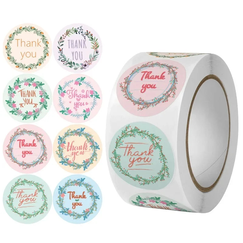 100-500PCS seals stickers Thank You Stickers for Business New Small Merci Roll Sticker Packaging Sticker Flower Rolling Label (ONLINE ORDER ONLY)